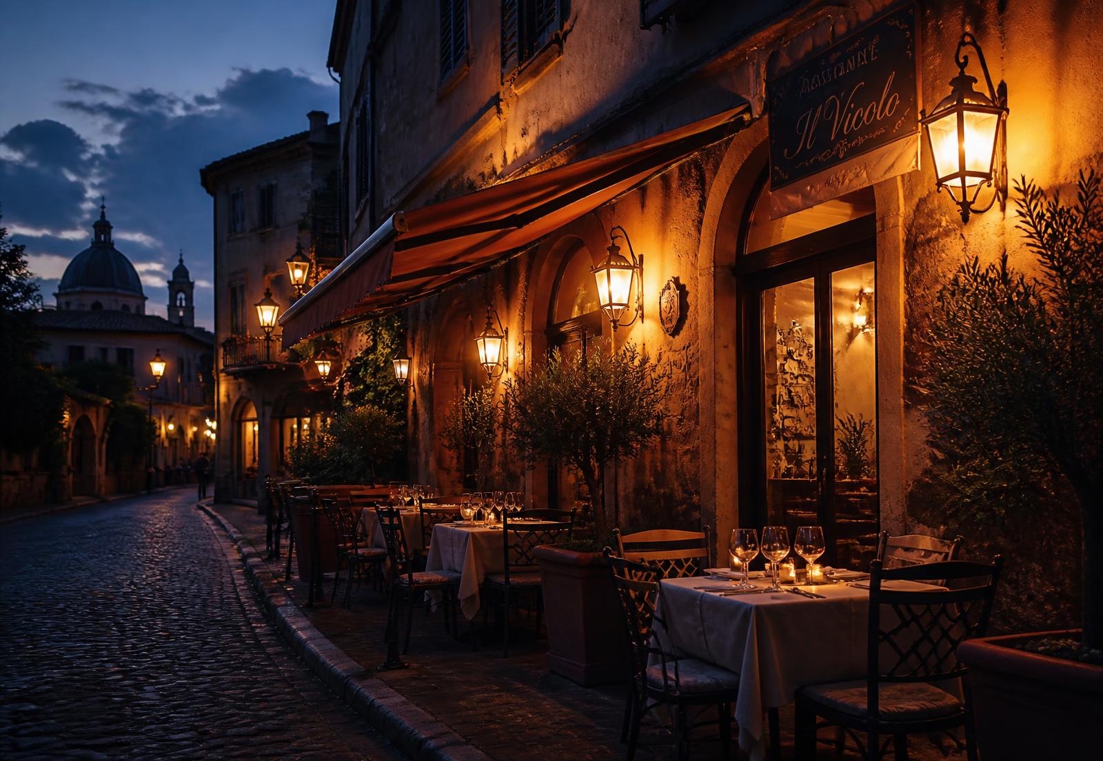 Eingang der Osteria Veneto bei Abenddämmerung